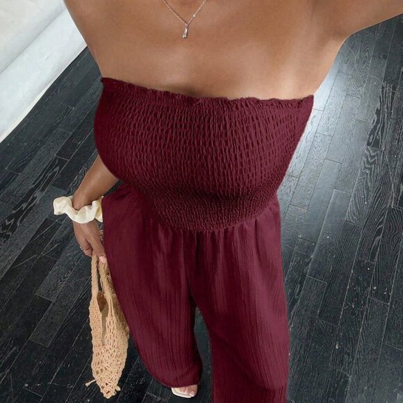 Burgundy Casual Women's Sexy Pleated Off-Shoulder Sleeveless Jumpsuit - Picture 2 of 7